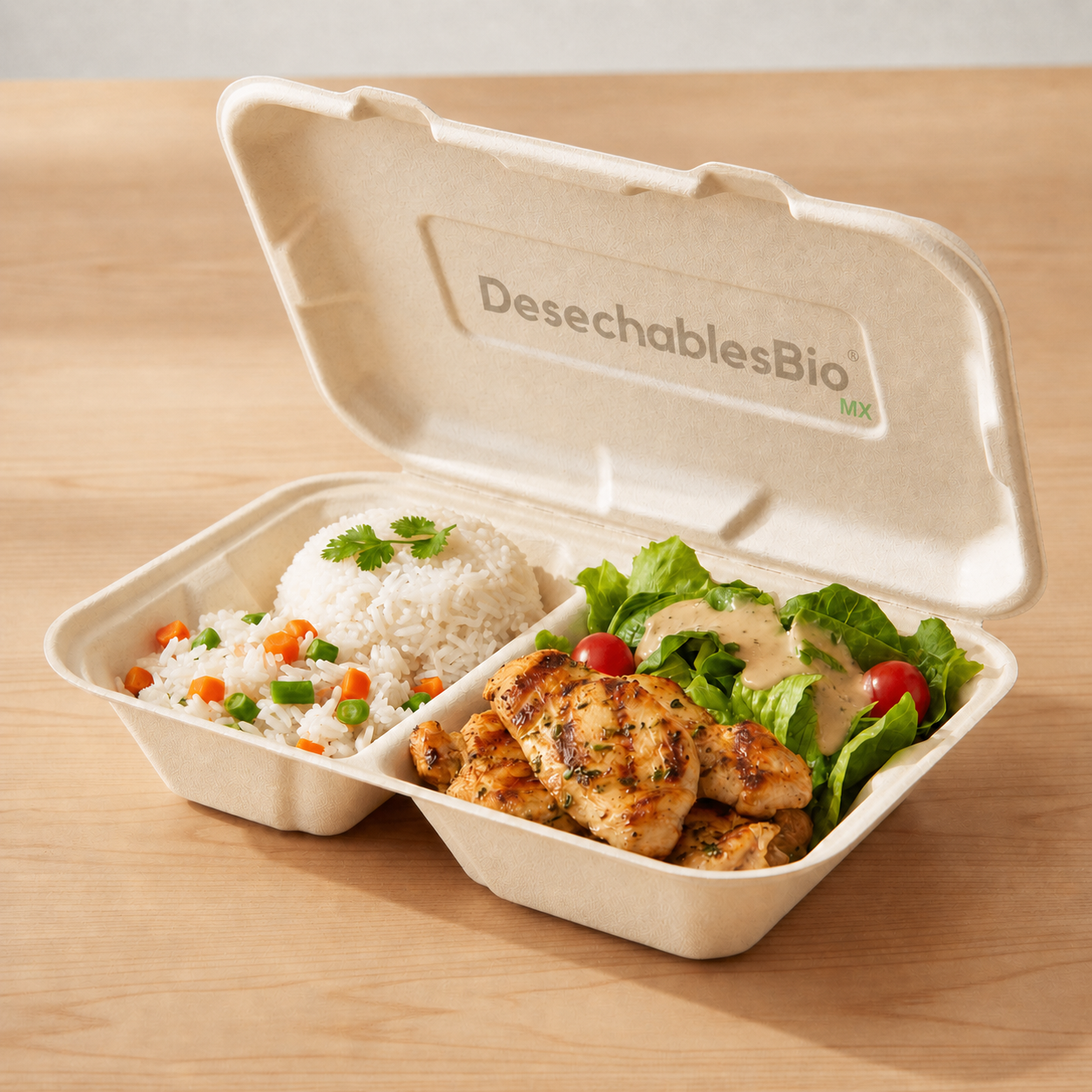 Desechables Bio México | Contenedor Almeja 9''x6'' con 2 Divisiones Biodegradable 6 Contenedor Almeja 9''x6'' con 2 Divisiones Biodegradable
